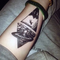 Original combined black ink alien ship with human tattoo on arm