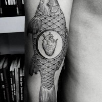 Original combined black ink big fish tattoo on half sleeve stylized with human heart
