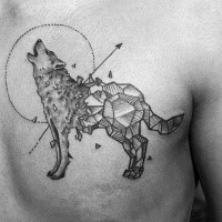 Original combined black ink chest tattoo of half real half stone wolf