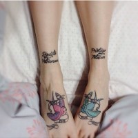 Original combined black ink different Harry Potter spells tattoo on ankle with colored birds