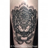 Original combined black ink tattoo of tiger head stylized with various flowers