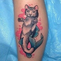 Original combined colored leg tattoo of half cat half fish