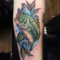Original combined colored realistic fish with spanners tattoo on leg