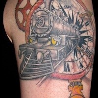 Original combined large upper arm tattoo of broken clock with train