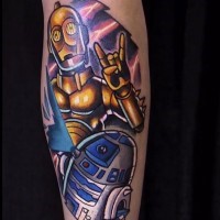 Original comic books style colored C3PO tattoo on forearm with R2D2