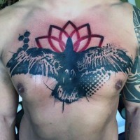 Original design black crow and red lotus flower tattoo on chest