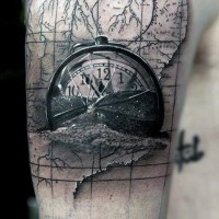 Original designed 3D like big broken clock shoulder tattoo with world map