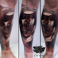 Original designed and colored leg tattoo of human with drum head
