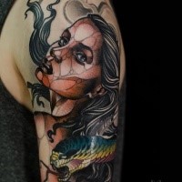 Original designed and colored shoulder tattoo of fantasy woman with snake