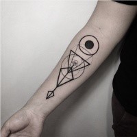 Original designed black ink forearm tattoo of various geometrical figures