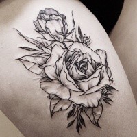 Original designed by Zihwa blackwork style thigh tattoo of large rose
