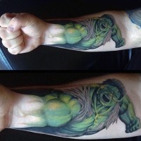 Original designed colored big forearm tattoo of furious Hulk