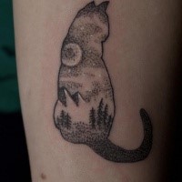 Original designed dot style cat shaped tattoo of wild mountains and forest