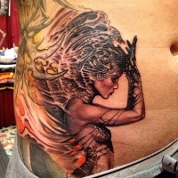 Original detailed belly tattoo of seductive fantasy woman