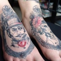 Original graphic linework portraits tattoo on feet by Marta Lipinski