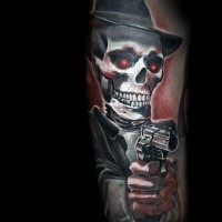 Original illustrative style colored forearm tattoo of demonic gangster skeleton with pistol