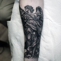 Original looking black and white forearm tattoo of angel with spear statue