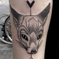 Original looking black ink arm tattoo of fantasy fox and geometrical ornaments