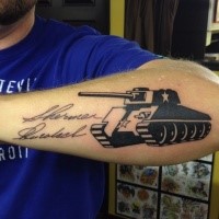 Original looking blackwork style arm tattoo of military tank with lettering