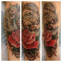 Original painted and colored roped white leopard tattoo on leg with red rose