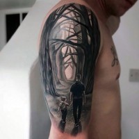 originale dipinto nero e bianco padre e figlio in mistica foreste tatuaggio a mezza manica