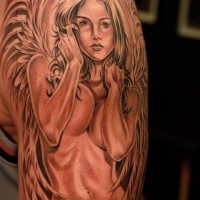 originale dipinto nero e bianco seducente donna angelo sexy tatuaggio su spalla