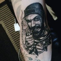 Original painted black ink smoking sailor tattoo on leg