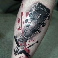 Original painted colored bloody guitar tattoo on leg