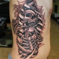 Original painted horror skeleton under the skin tattoo on chest