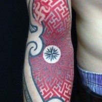 Original red colored geometrical style sleeve tattoo stylized with black star