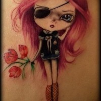 originale stile colorato bambola pirata con fiore tatuaggio su schiena