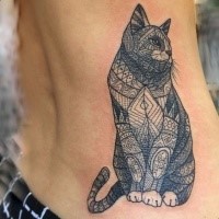 Ornamental style black ink side tattoo of nice cat