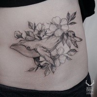 Outline style designed by Zihwa waist tattoo of whale with flowers