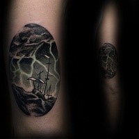 Oval shaped colored sailing ship in stormy sea tattoo