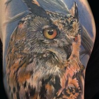 Owl bird tattoo on his shoulder