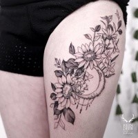 Painted by Zihwa thigh tattoo of various flowers and moon
