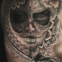 Patchwork day of the dead with roses tattoo