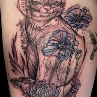 Lápis pintado como tatuagem de coxa colorida de gato com flores