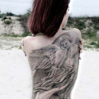 Pensive angel and watch tattoo on back