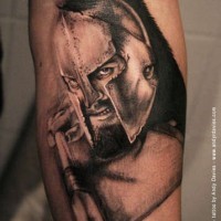 Photo like 3D realistic detailed Spartan warrior with spear tattoo on arm