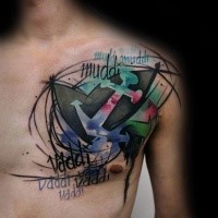 Photoshop style colored anchor tattoo with lettering on chest