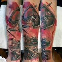 Photoshop style colored arm tattoo of various military weapons
