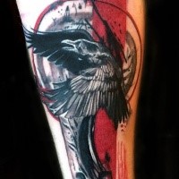 Photoshop style colored arm tattoo of creepy crow with human skull