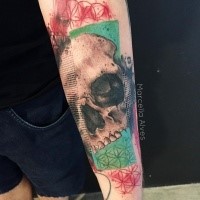 Photoshop style colored arm tattoo of human skull with various ornaments