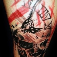 Photoshop style colored arm tattoo of skull with clock