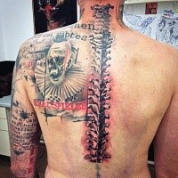 Photoshop style colored back and shoulder tattoo of spine bones, clown and lettering