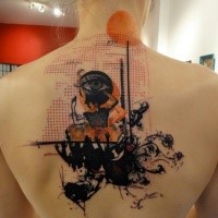 Photoshop style colored back tattoo of various human shaped figures