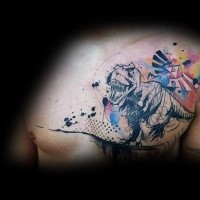 Photoshop style colored chest tattoo of dinosaur with various ornaments