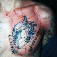Photoshop style colored chest tattoo of human heart with lettering