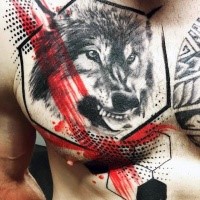 Photoshop style colored chest tattoo of realistic wolf